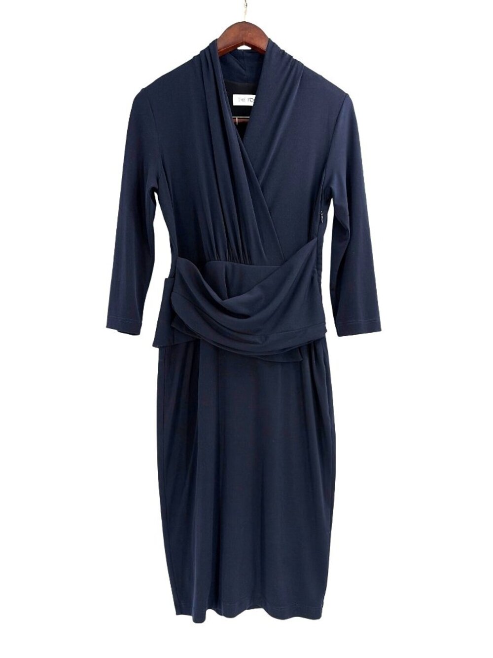 The Fold Arlington Dress Womens 10 Blue Draped Stretch Jersey Peplum Classic